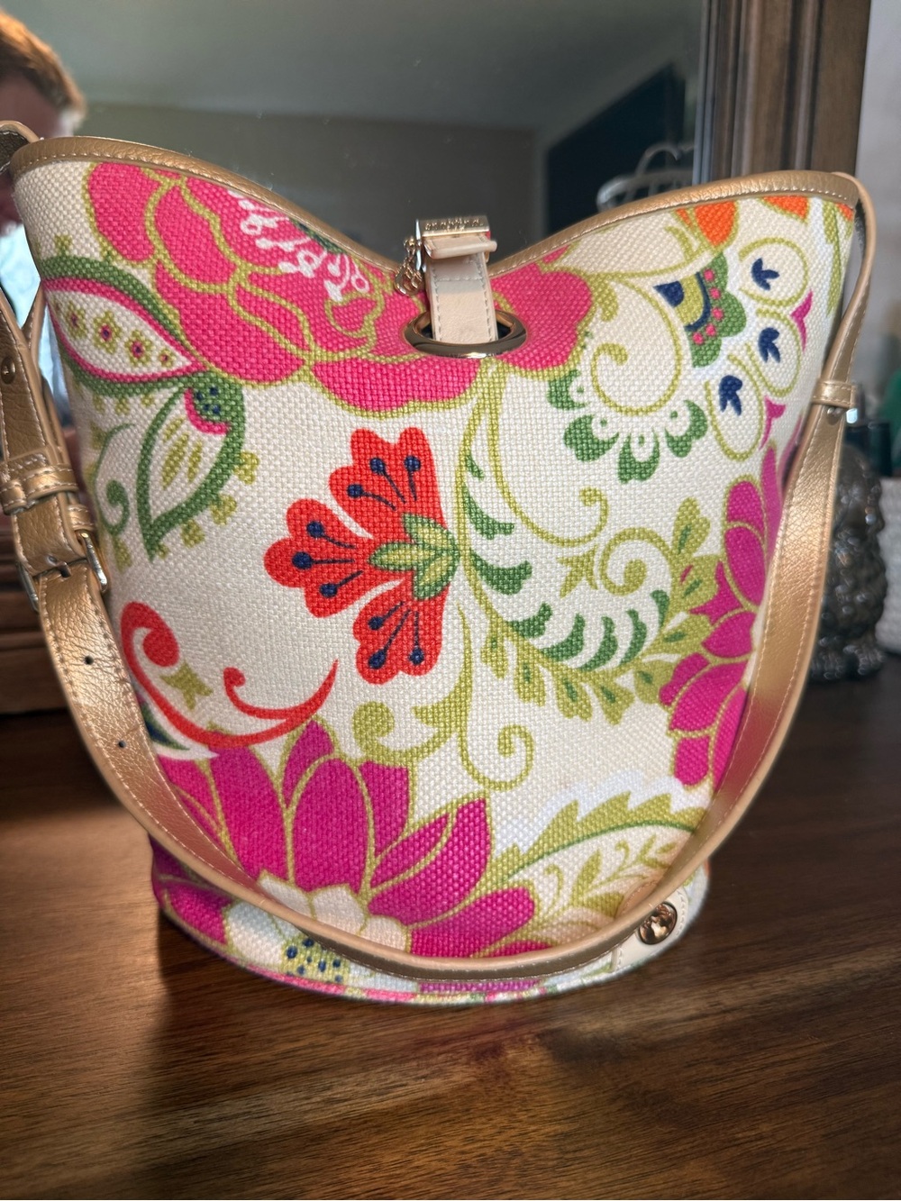 Spartina 449 Pink Floral Canvas Bucket Shoulder Bag with Gold Trim